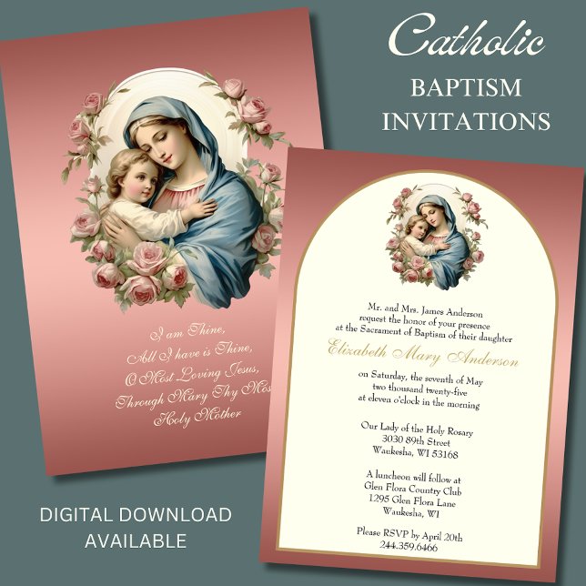 Invitation Élégant baptême catholique Mary Blue Floral (Créateur téléchargé)