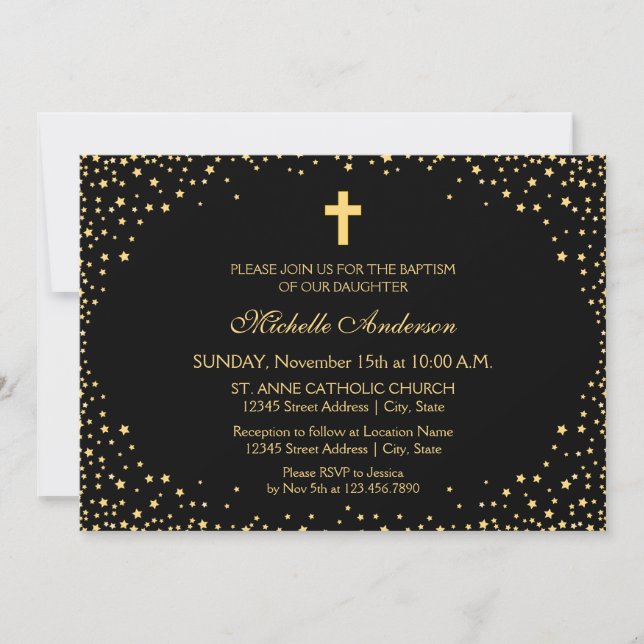 Invitation Élégant Baptême de baptême de Croix Noire et d'Or (Devant)