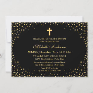 Invitation Élégant Baptême de baptême de Croix Noire et d'Or
