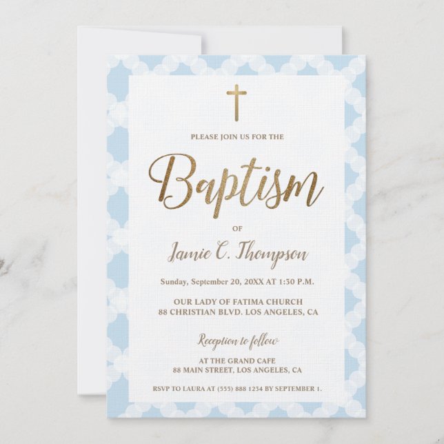 Invitation Élégant Baptême de Croix d'or Motif bleu (Devant)