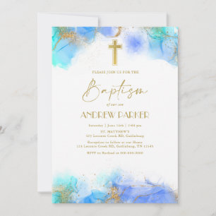 Invitation Élégant Baptême d'or bleu marine Christening