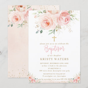 Invitation Élégant Baptême d'or rose floral rose