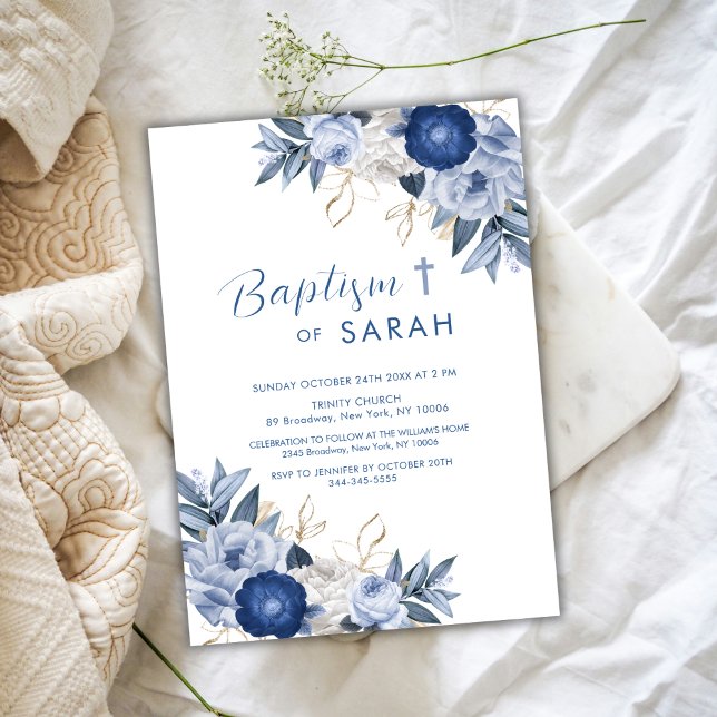 Invitation Elégant Baptême Fleur Bleue Croix de Christening (Elegant Blue Flower Baptism Christening Cross Invitation)