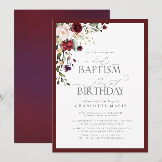 Invitation Élégant Baptême Floral Burgundy 1er Anniversaire (Devant / Derrière)