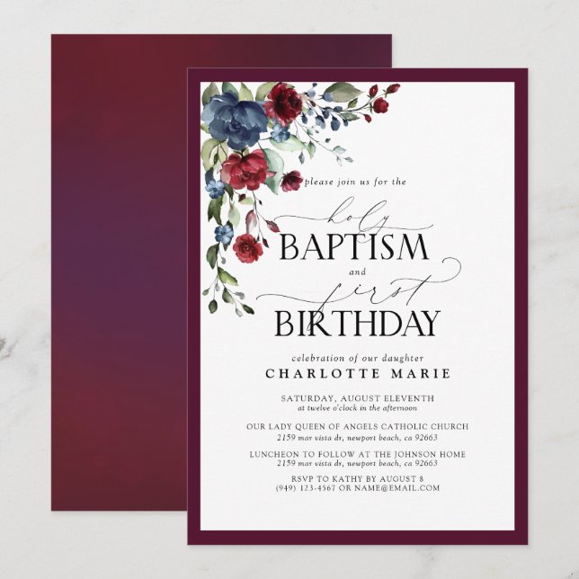 Invitation Elégant Baptême floral de la marine de Bourgogne 1 (Devant / Derrière)