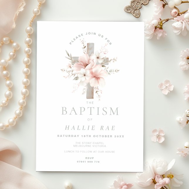 Invitation Élégant Baptême Floral pour Fille, Élégant rose (Créateur téléchargé)