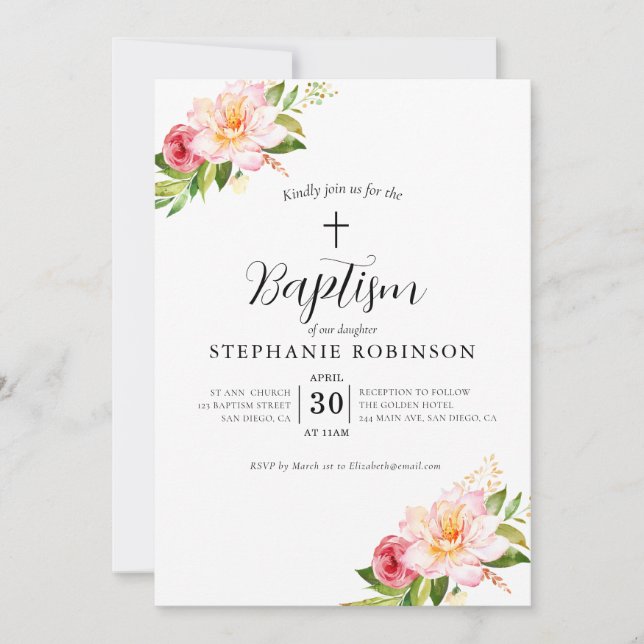 Invitation Élégant Baptême floral rose moderne (Devant)