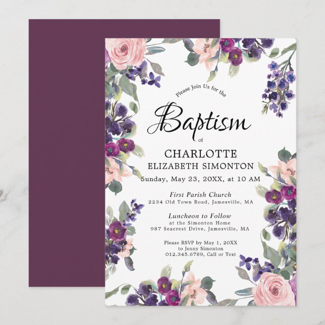 Invitation Élégant Baptême Floral rose violet (Devant / Derrière)