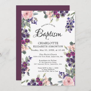 Invitation Élégant Baptême Floral rose violet