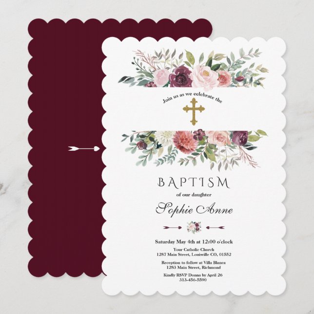 Invitation Élégant Baptême Or de cadre Floral d'ivoire de Bou (Devant / Derrière)
