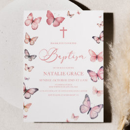 Invitation Élégant Baptême Papillon rose doux