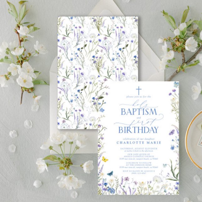 Invitation Élégant Baptême Saint et 1ère Fleurs Bleues Annive (Easily personalize this baptism and first birthday invite with your personal details.)
