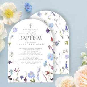 Invitation Élégant Baptême Script Dusty Fleur sauvage bleu