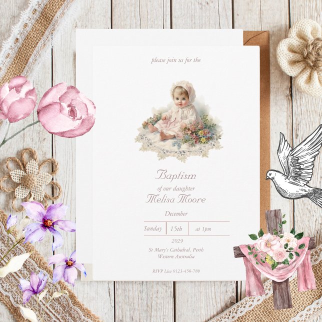 Invitation Élégant Baptême Vintage bébé fille (Elegant Vintage Baptism Invitations)