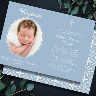 Invitation Elegant Baptism Religious Cross Photo Dusty Blue