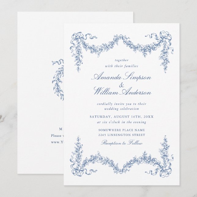 Invitation Elégant Baroque Bleu Jardin Français Floral Mariag (Devant / Derrière)