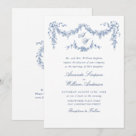 Invitation Elégant Baroque Bleu Jardin Français Floral Mariag
