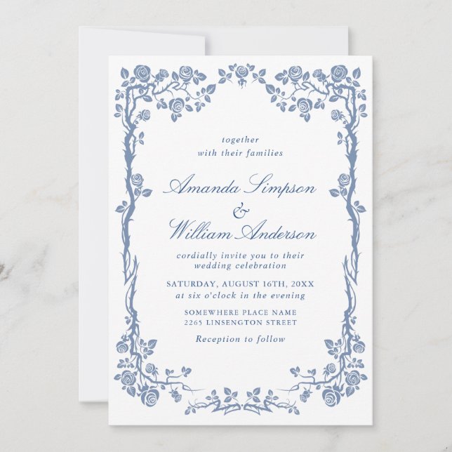 Invitation Elégant Baroque Bleu Jardin Français Floral Mariag (Devant)