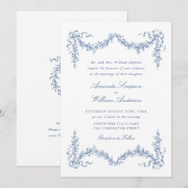 Invitation Elégant Baroque Bleu Jardin Français Floral Mariag