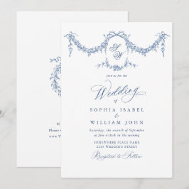 Invitation Elégant Baroque Bleu Jardin Français Floral Mariag
