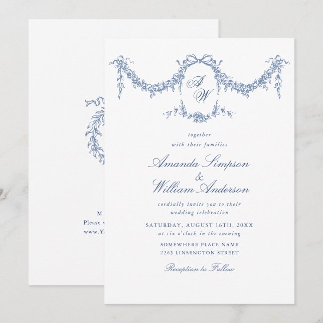 Invitation Elégant Baroque Bleu Jardin Français Floral Mariag (Devant / Derrière)