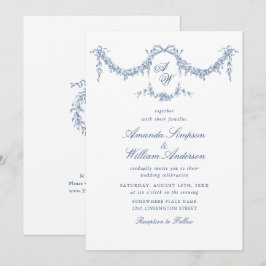Invitation Elégant Baroque Bleu Jardin Français Floral Mariag