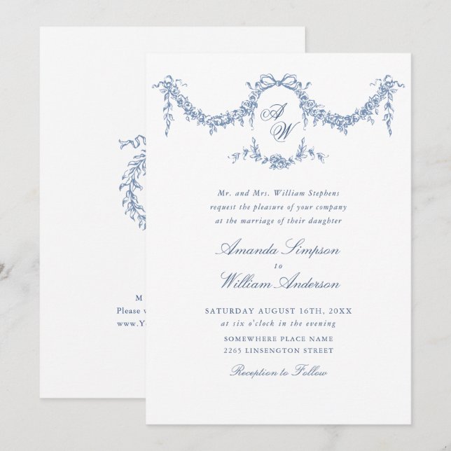 Invitation Elégant Baroque Bleu Jardin Français Floral Mariag (Devant / Derrière)
