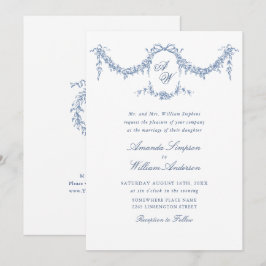 Invitation Elégant Baroque Bleu Jardin Français Floral Mariag