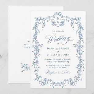 Invitation Elégant Baroque Bleu Jardin Français Floral Mariag