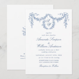 Invitation Elégant Baroque Bleu Jardin Français Floral Mariag