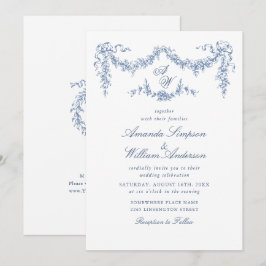 Invitation Elégant Baroque Bleu Jardin Français Floral Mariag