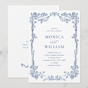 Invitation Elégant Baroque Bleu Jardin Français Floral Mariag