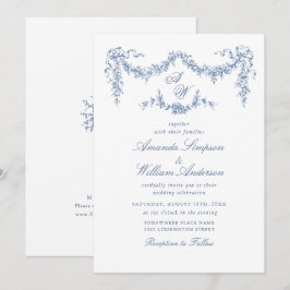 Invitation Elégant Baroque Bleu Jardin Français Floral Mariag