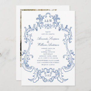 Invitation Elégant Baroque Dusty Blue Frame Photo Mariage