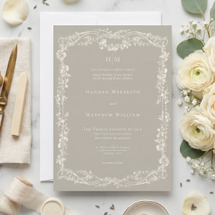 Invitation Élégant Baroque Vintage Neutre Mariage Ivoire Tan