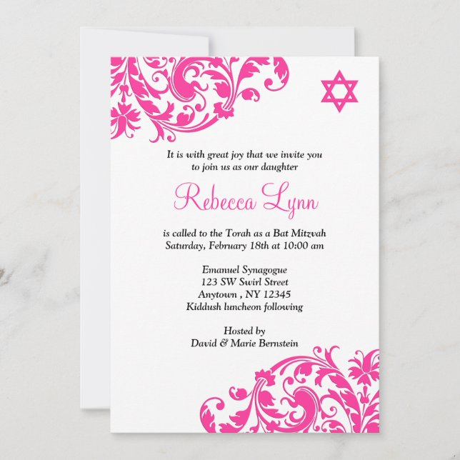Invitation Élégant Bat mitzvah chaud rose (Devant)
