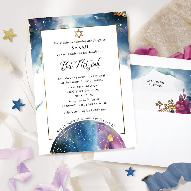Invitation Elégant Bat mitzvah d'aquarelle céleste (Créateur téléchargé)