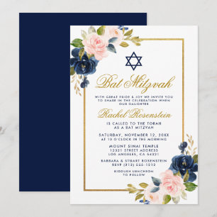 Invitation Élégant Bat mitzvah de cadre bleu rose floral or