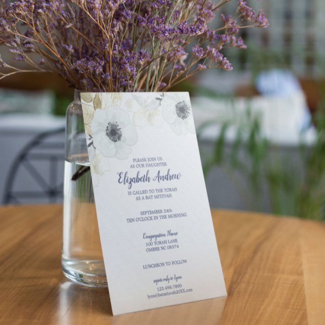 Invitation Elégant Bat mitzvah floral bleu marine (Créateur téléchargé)