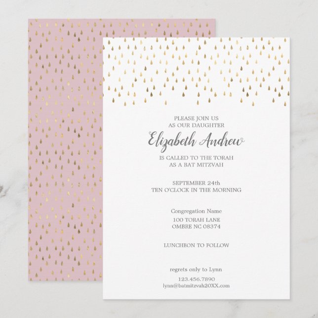 Invitation Élégant Bat mitzvah rose et or Raindrops (Devant / Derrière)