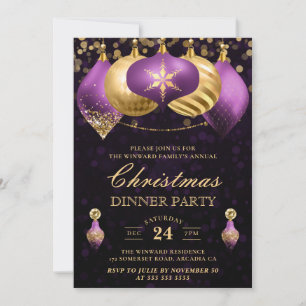 Invitation Élégant Baubles de violet et d'or Dîner de Noël