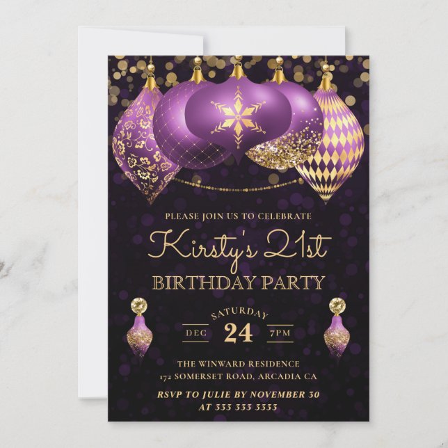 Invitation Elégant Baubles d'hiver violet et or 21e anniversa (Devant)