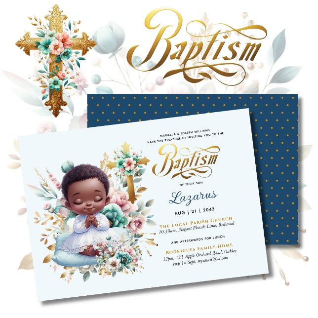 Invitation Elégant BAUTIZO Black Baby Turquoise Gold Floral (Créateur téléchargé)