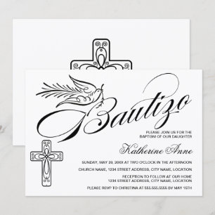 Invitation Élégant Bautizo Écriture Vintage Croix et Colombe