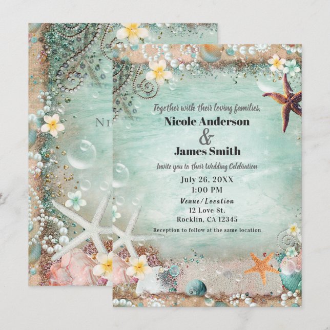 Invitation Elégant Beach Sea Starfish & Pearls Beach Mariage (Devant / Derrière)