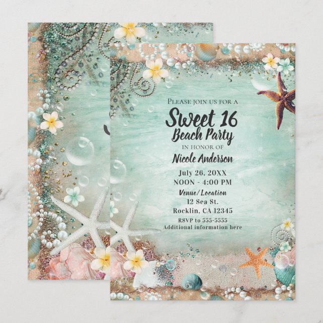 Invitation Elégant Beach Sea Starfish & Pearls Sweet 16 Party (Devant / Derrière)