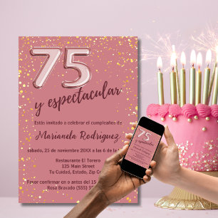 Invitation Elégant Beau Rose Doré 75e Anniversaire Espagnol