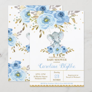 Invitation Elégant bébé bleu Floral Elephant Baby shower garç