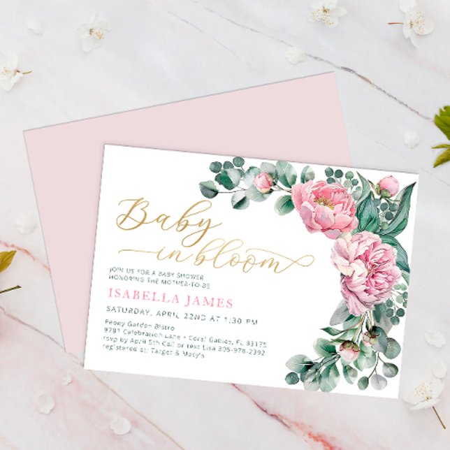 Invitation Élégant bébé en fleur rose Baby shower fille or (Baby In Bloom - Invite)