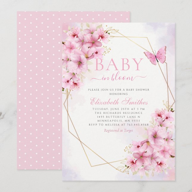 Invitation Élégant bébé rose en fleur Script Baby shower fill (Devant / Derrière)